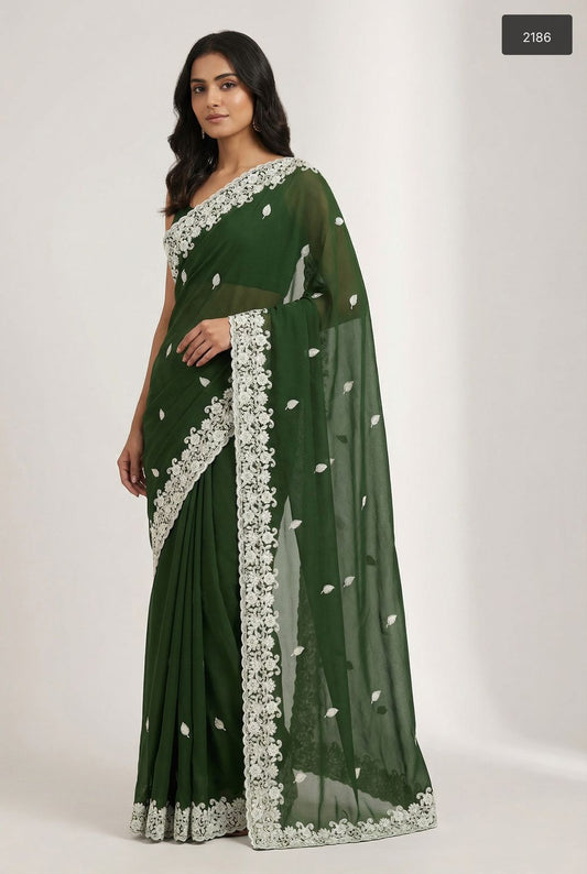 Emerald Forest Hand-Embroidered Star Georgette Saree