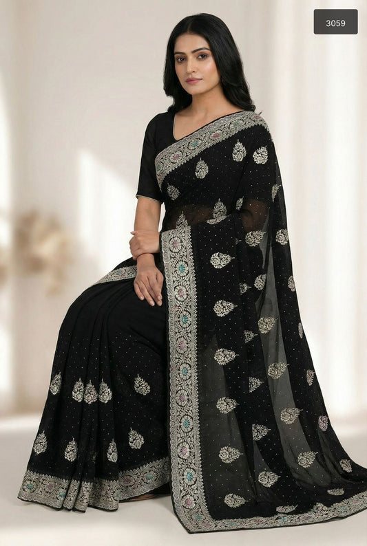Elegance in Ebony: Black Georgette Saree with Silver Zari & Butta Work