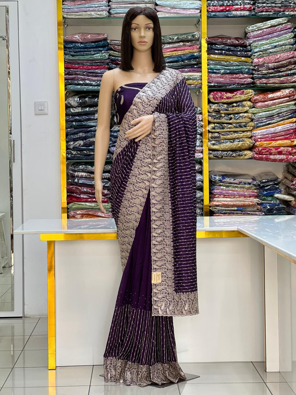 Royal Wine Vichitra Silk Saree with Zari Embroidery