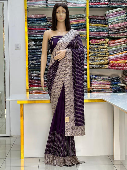 Royal Wine Vichitra Silk Saree with Zari Embroidery
