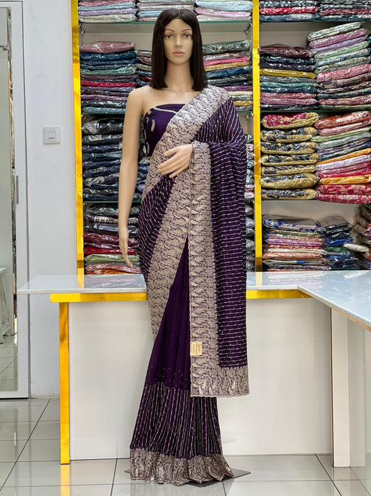 Royal Wine Vichitra Silk Saree with Zari Embroidery