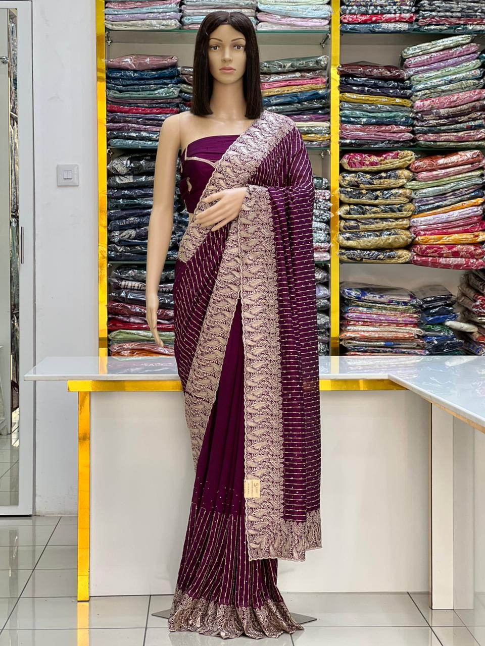 Royal Wine Vichitra Silk Saree with Rich Zari Embroidery