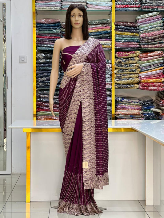 Royal Wine Vichitra Silk Saree with Rich Zari Embroidery
