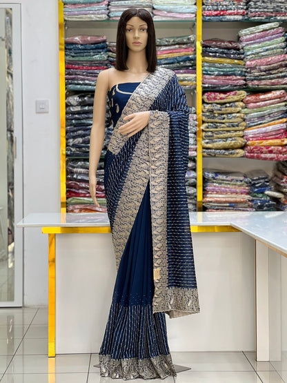 Royal Navy Blue Vichitra Silk Saree with Rich Zari Embroidery