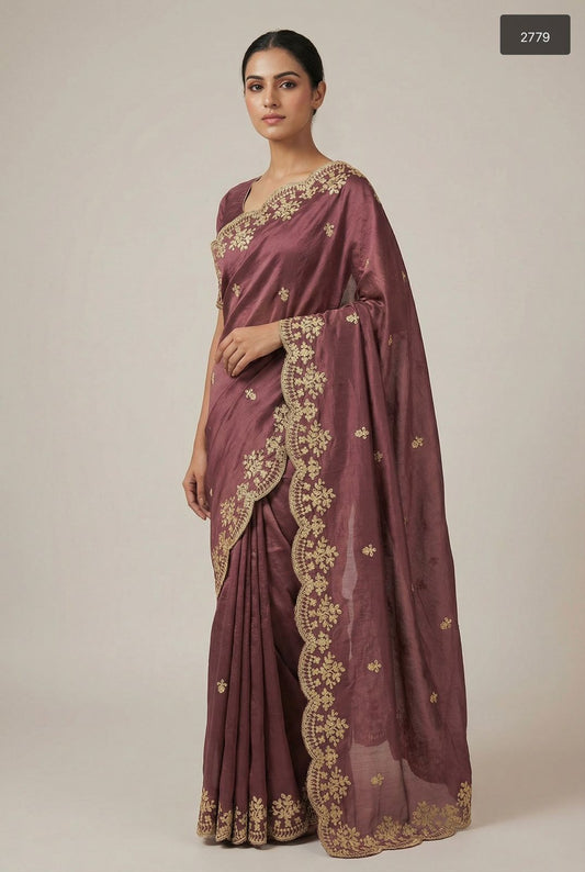 Mauve Wine Hand-Embroidered Soft Silk Saree