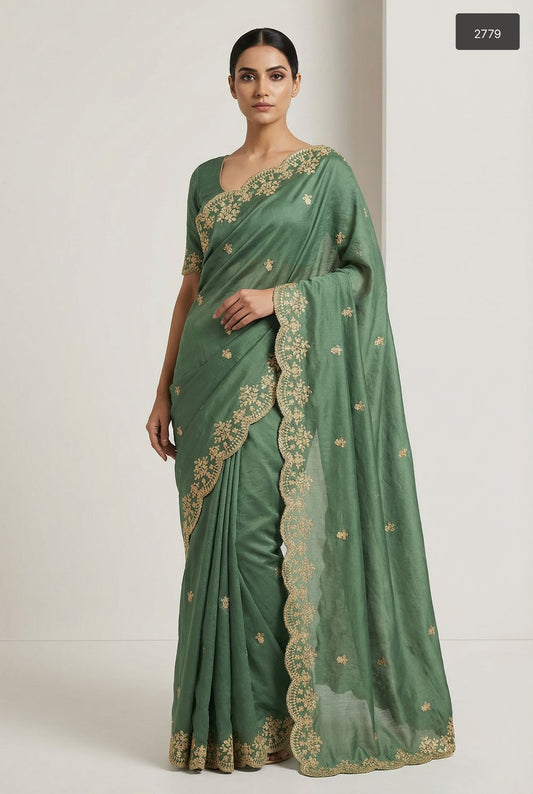 Emerald Sage Soft Silk Saree with Gold Scalloped Embroidery