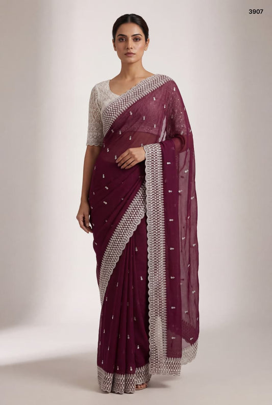Premium Embroidered Crunchy Saree Collection: Olive, Rust, and Deep Wine