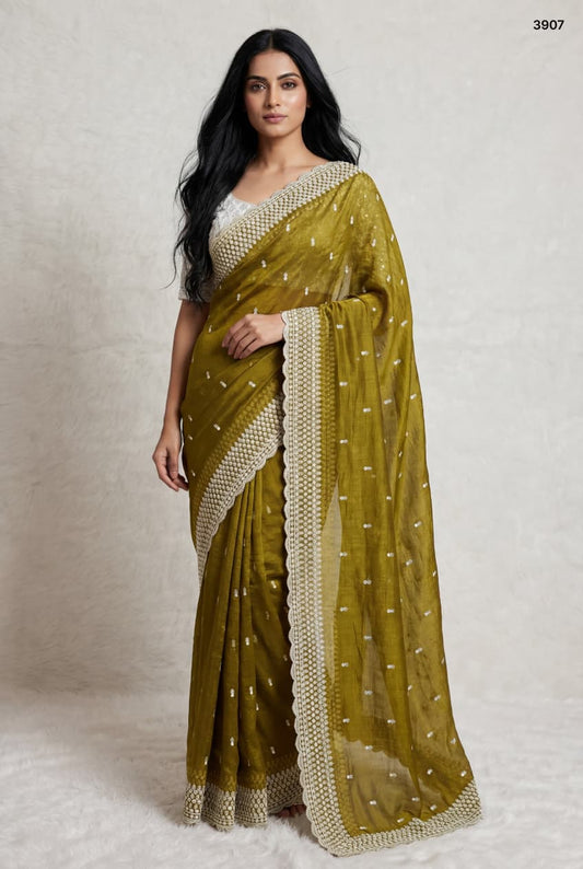 Designer Embroidered Crunchy Saree Collection: Heritage Motifs & Scalloped Borders