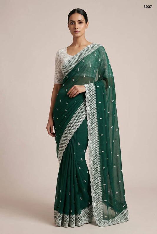 Premium Embroidered Crunchy Saree Collection: Heritage Motifs & Scalloped Borders