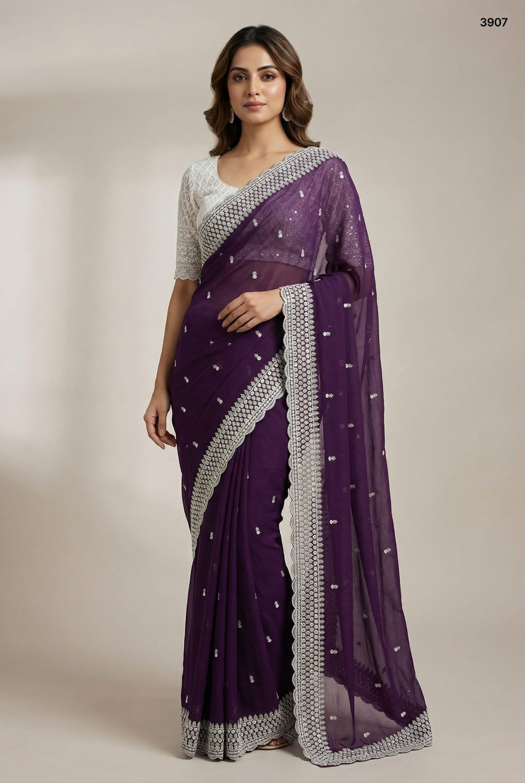 Regal Plum Crunchy Saree with Silver Zari Scalloped Borders