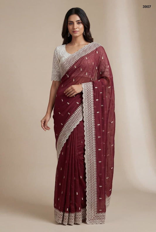 Exquisite Wine Crunchy Saree with Intricate Chikankari Border