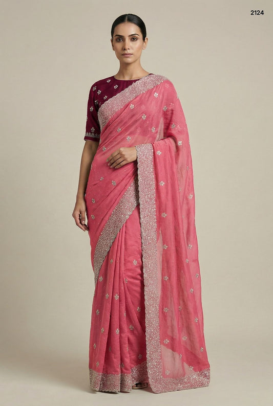 Blush Pink  Crunchy Saree with Silver Zari Embrodery Work & Contrast Blouse