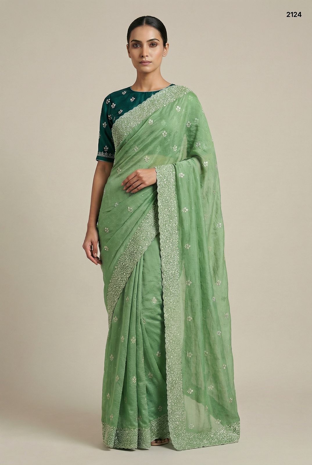 Sage Green Crunchy Saree with Silver Zari Embrodery Work & Contrast Blouse