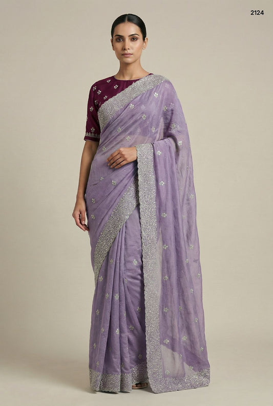 Lavender Lilac Crunchy Saree with Silver Zari Embrodery Work & Contrast Blouse