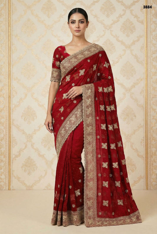 Crimson Red Embroidered Silk Saree with Ornate Gold Zari Border