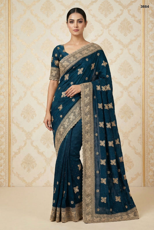 Midnight Teal Heavily Embroidered Crunchy Saree with Zari Border