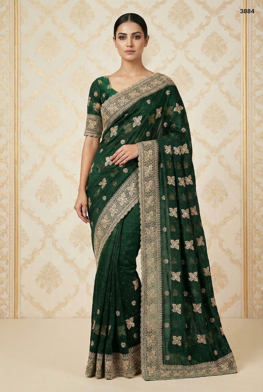 Emerald Elegance: Hand-Embroidered Crunchy Saree in Forest Green