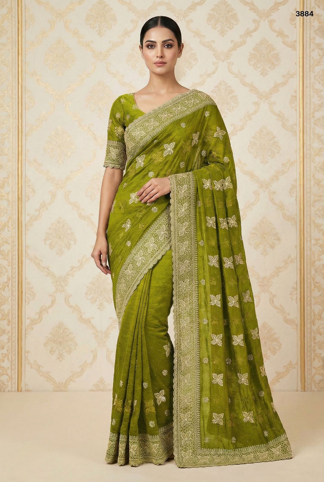 Radiant Heritage: Intricately Embroidered Crunchy Saree Collection