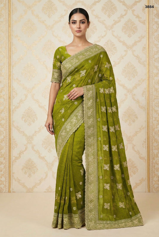 Radiant Heritage: Intricately Embroidered Crunchy Saree Collection