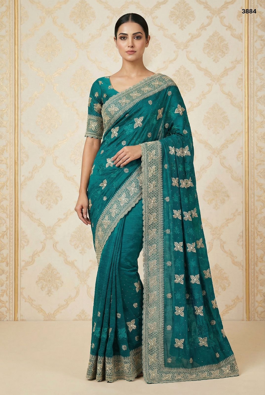 Teal Radiance: Intricately Embroidered Crunchy Saree in Peacock Teal