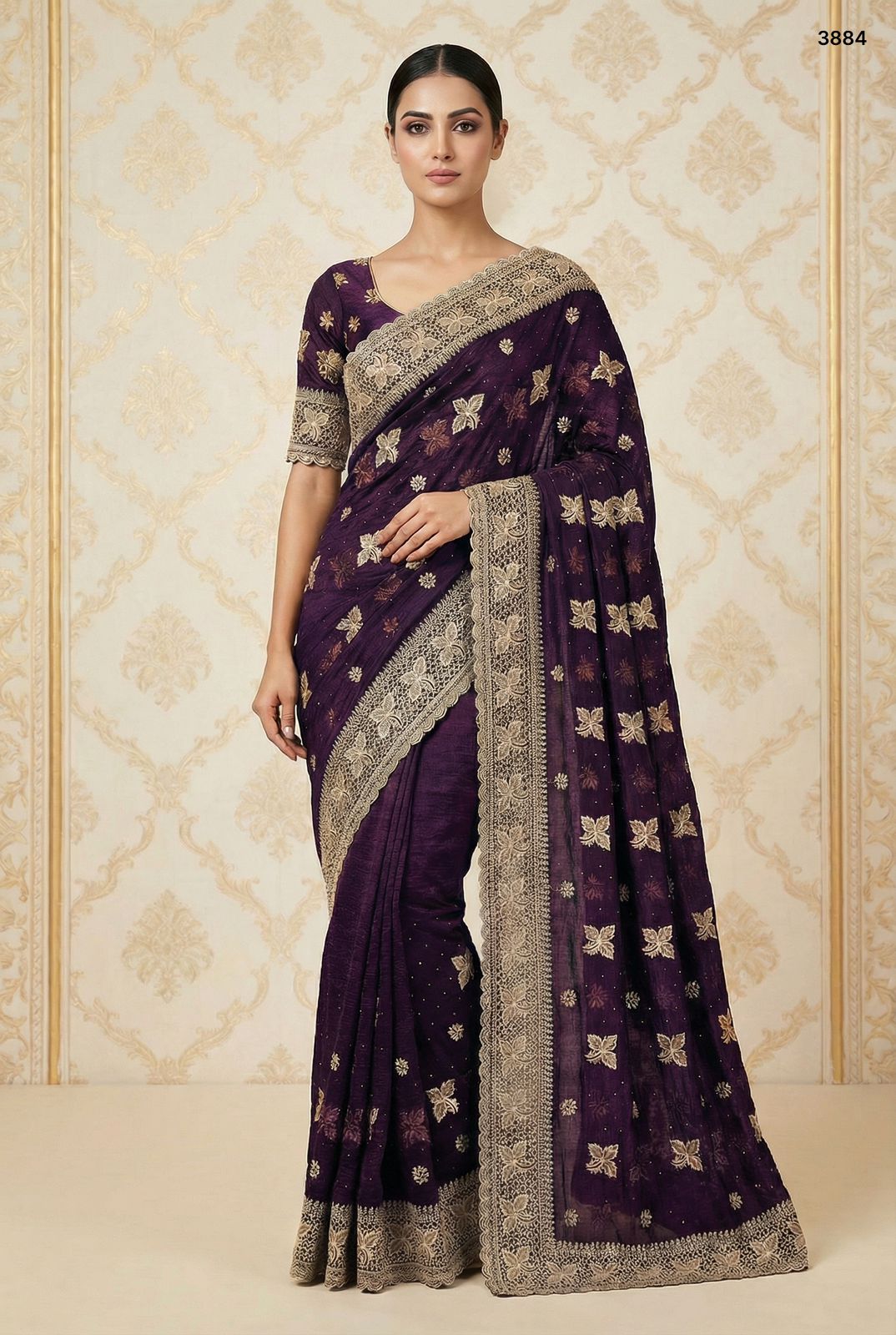 Heirloom Opulence: Scalloped Embroidery Textured Crunchy Saree Collection