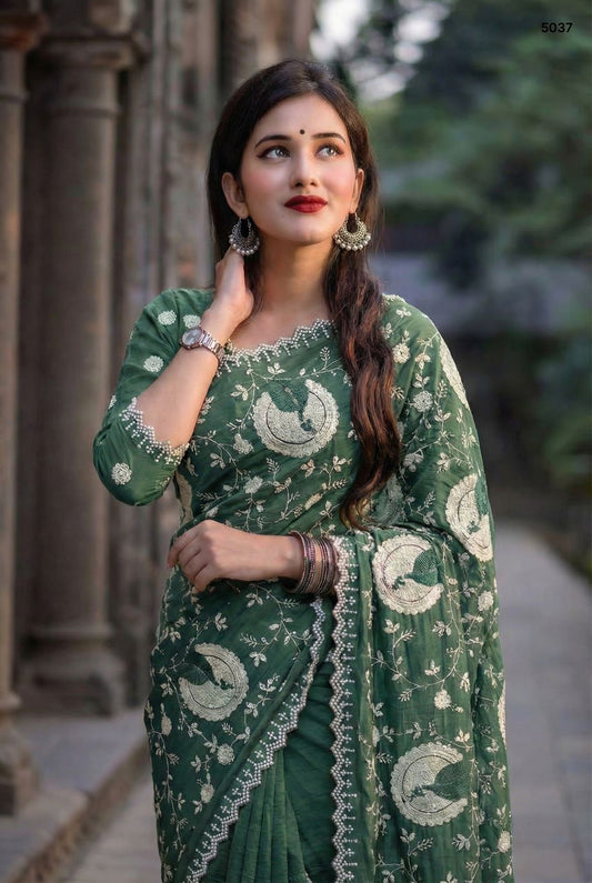Premium Green Tissue Crush Saree with Elegant Floral Motifs – Festive & Party Wear
