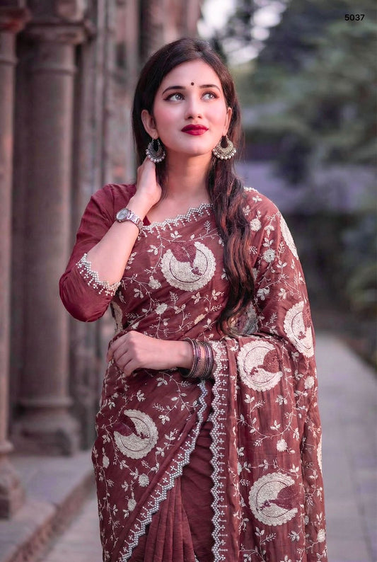 Premium Wine Brown Tissue Crush Saree with Elegant Embroidery & Pearl Border