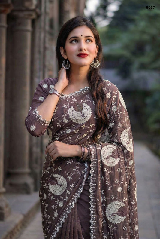 Premium Tissue Crush Saree with Elegant Silver Motifs – Soft Festive & Party Wear
