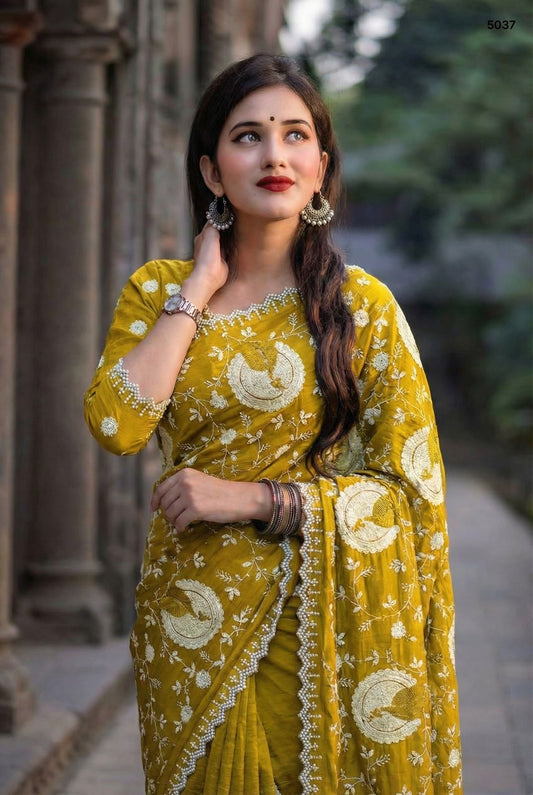 Premium Mustard Tissue Crush Saree with Embroidered Motifs & Pearl Border