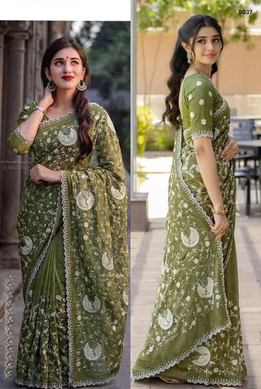 Premium Olive Green Tissue Crush Saree with Elegant White Embroidery – Festive & Wedding Collection