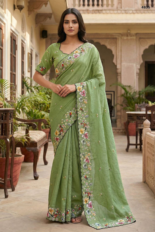 Sage Green Scalloped Silk Saree with Floral Embroidery