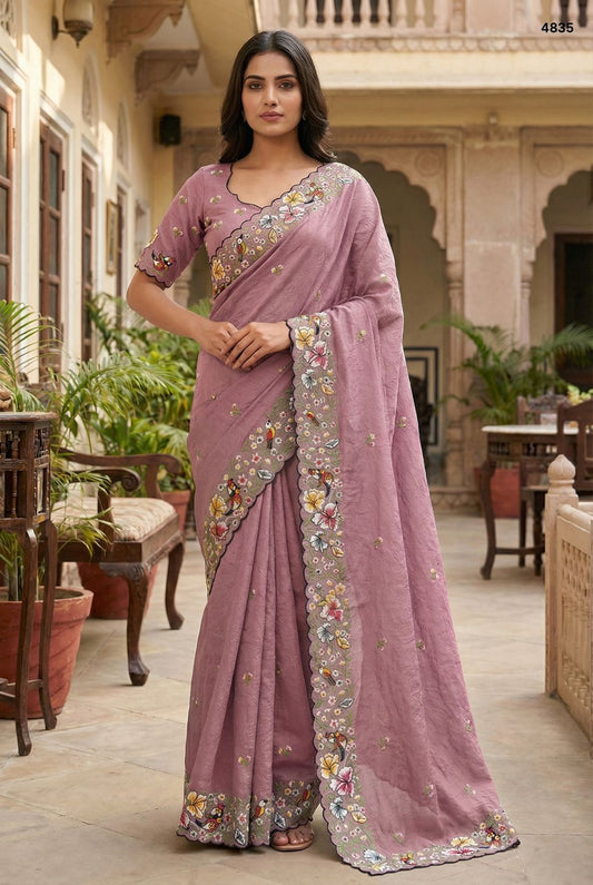 Dusty Mauve Scalloped Saree with Floral Threadwork