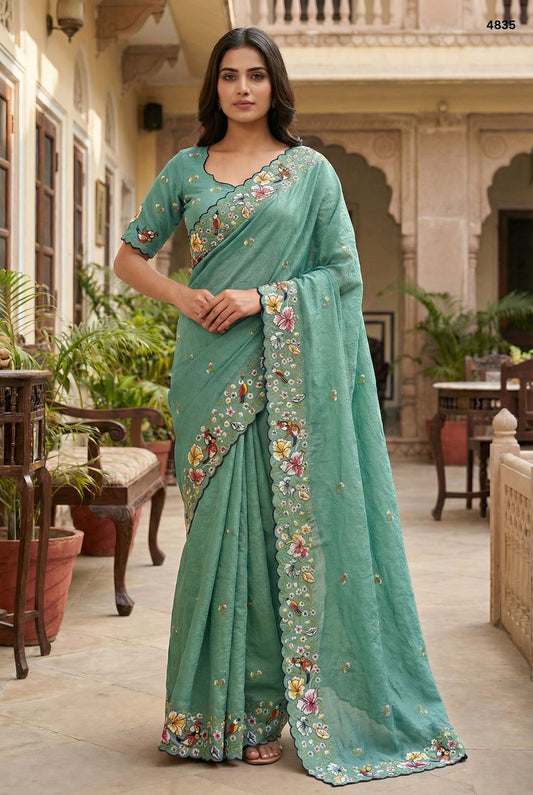 Seafoam Garden Saree with Hand-Embroidered Floral Border