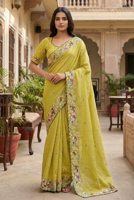 Lime Green Hand-Embroidered Scalloped Saree with Floral & Avian Motifs