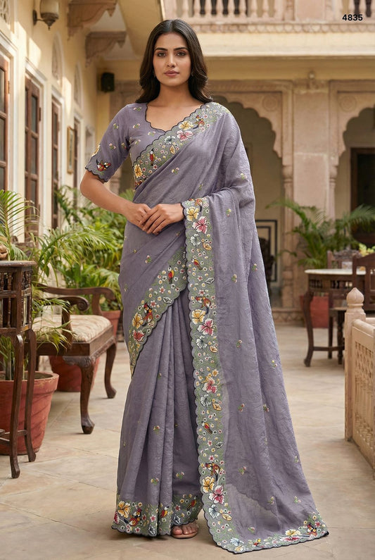 Pastel Lavender Scalloped Saree with Floral Embroidery