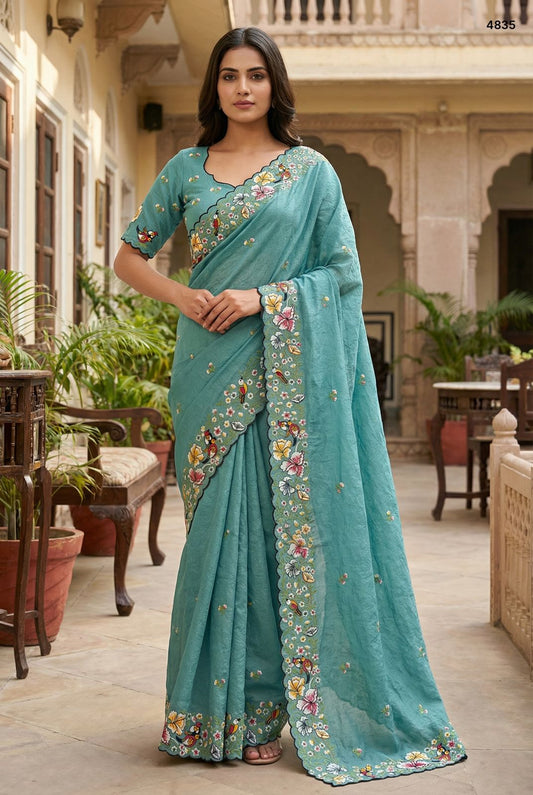 Ethereal Teal Scalloped Saree with Hand-Embroidered Floral Border