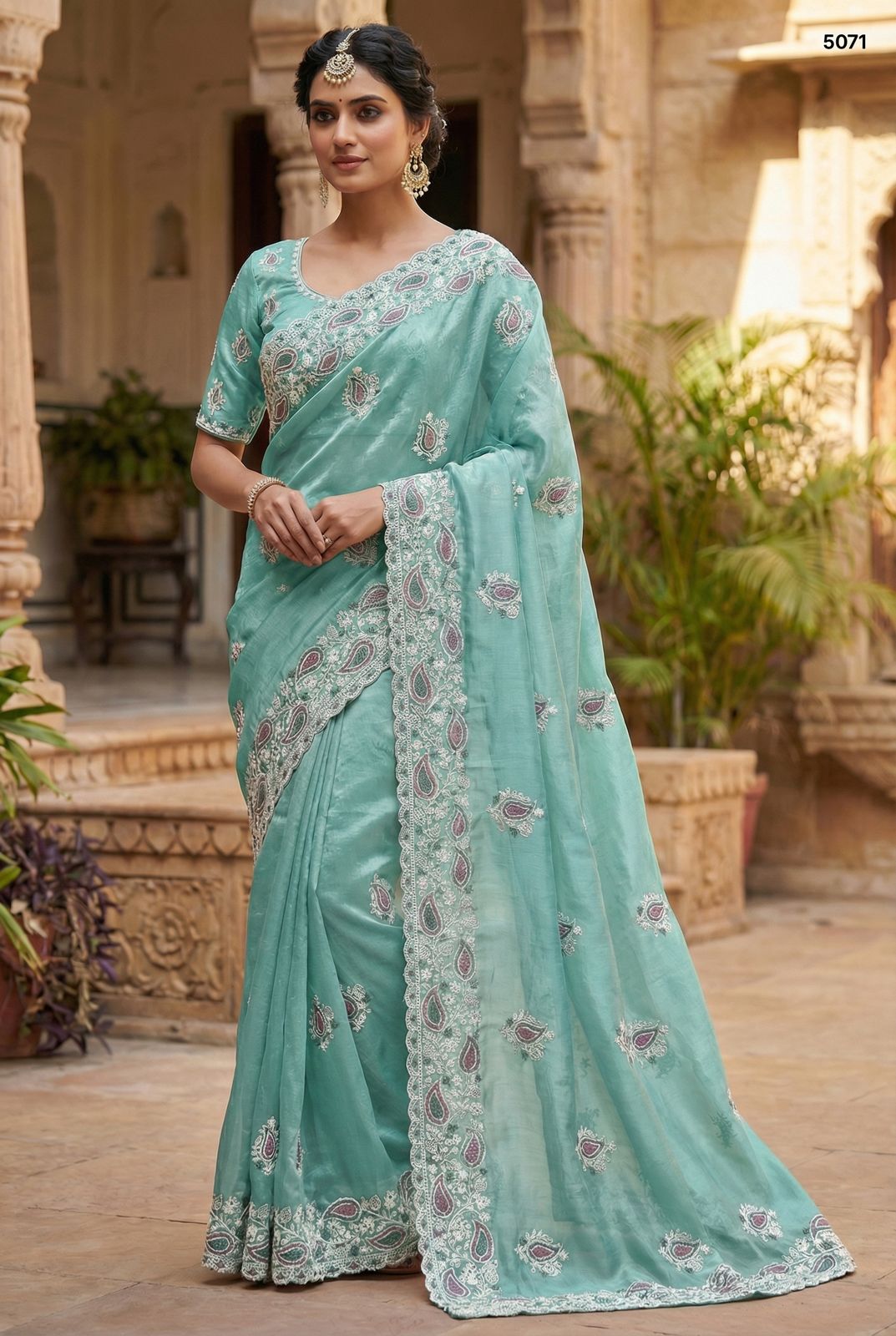 Radiant Seafoam Green Soft Silk Saree with Scalloped Embroidery