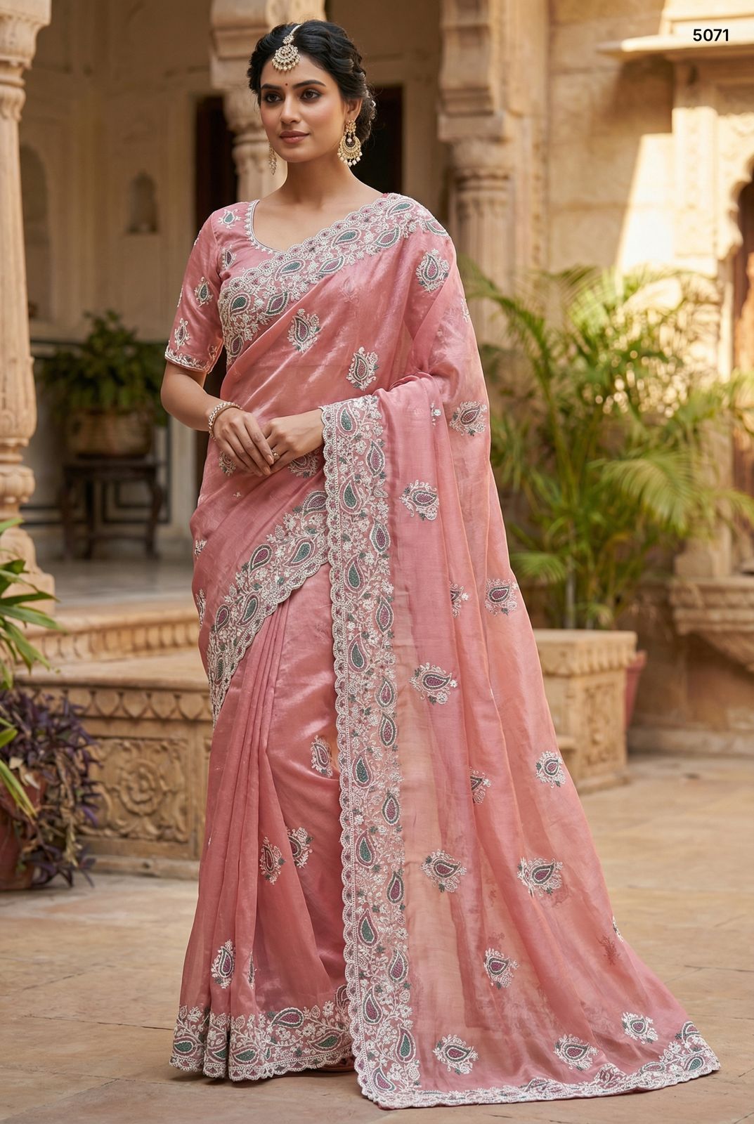 Elegant Rose Pink Soft Silk Saree with Intricate Scalloped Embroidery