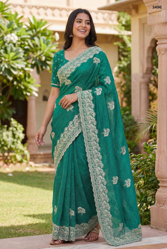 Emerald Green Crunchy  Chiffon Saree with Intricate Silver Embroidery