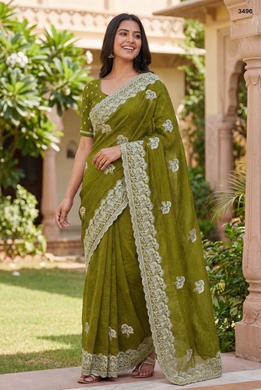 Radiant Olive Green Embroidered Crunchy Saree with Scalloped Borders