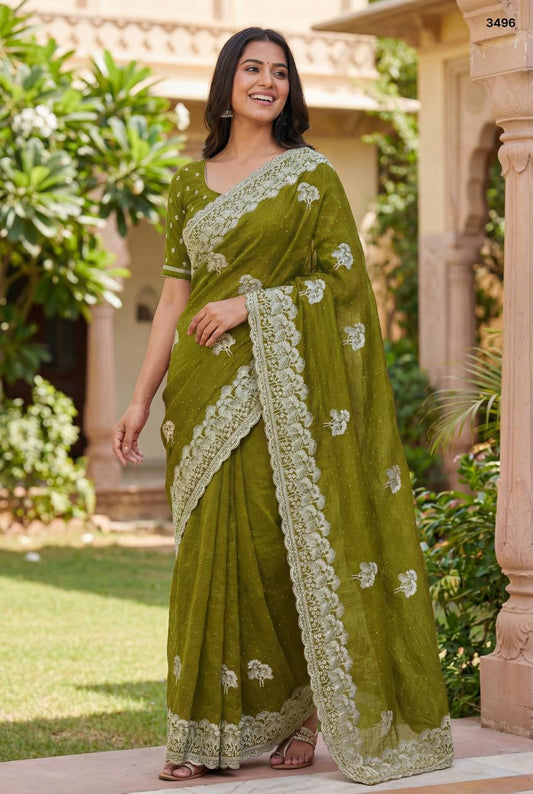 Radiant Olive Green Embroidered Crunchy Saree with Scalloped Borders