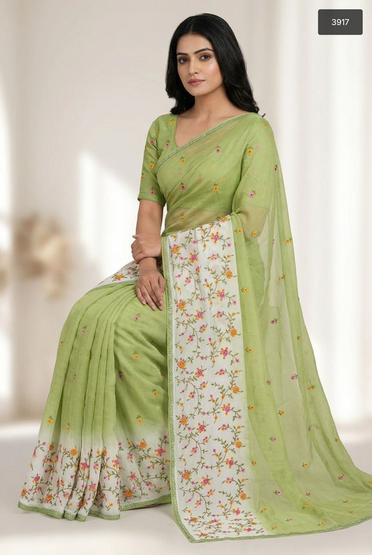 Pistachio Green Crunchy Saree with Floral Thread Work & Contrasting Border