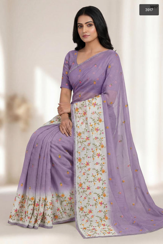 Elegant Lavender & Pearl White Floral Embroidered Crunchy Saree