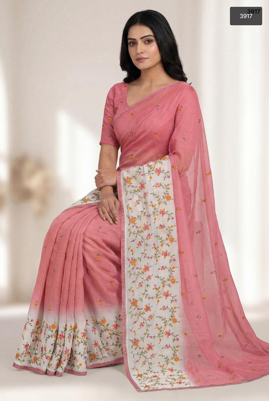 Elegant Peach Crunchy Saree with Floral Resham Embroidery