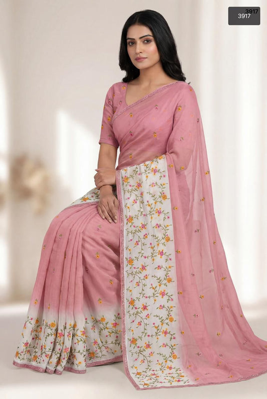 Blush Pink & Ivory Floral Embroidered Crunchy Chiffon Saree