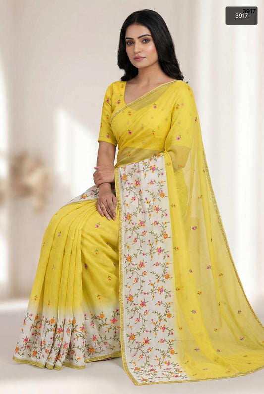 Radiant Sunshine Yellow & Pearl White Floral Crunchy Saree