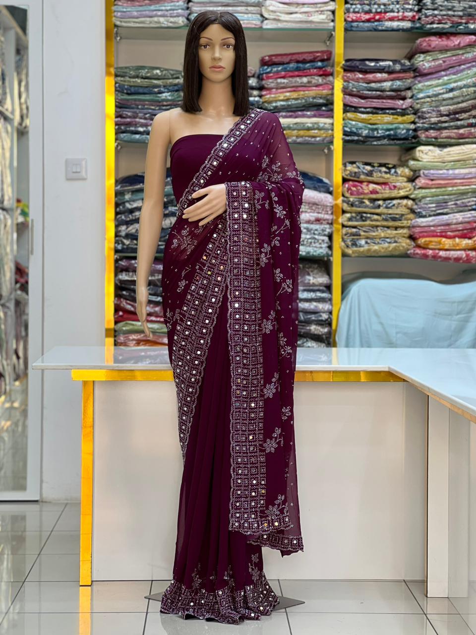 Premium Wine Georgette Saree with Heavy Mirror Work Border