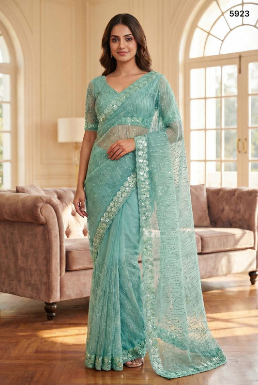 Mint Green Crystal Fabric Party Wear Saree with Sequins & Thread Embroidery
