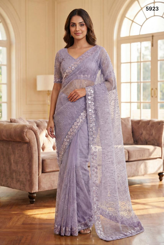 Lavender Crystal Fabric Saree Party Wear with Sequin & Thread Embroidery