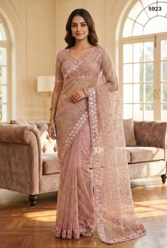 Blush Pink Crystal Fabric Saree with Sequin & Thread Embroidery